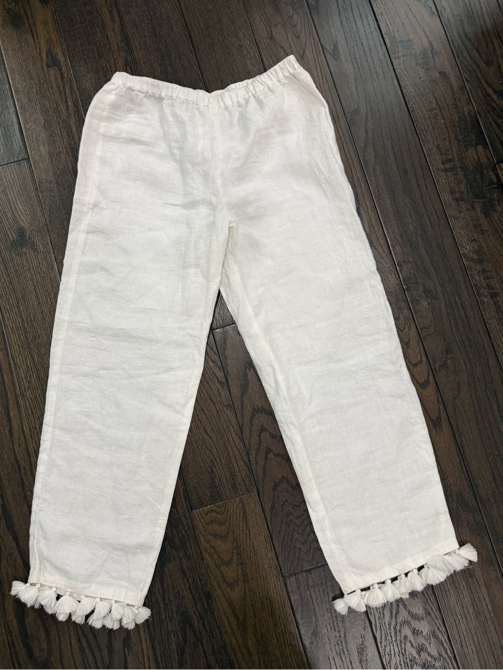 Club Monaco White Linen Pull On Pants with Tassel Trim